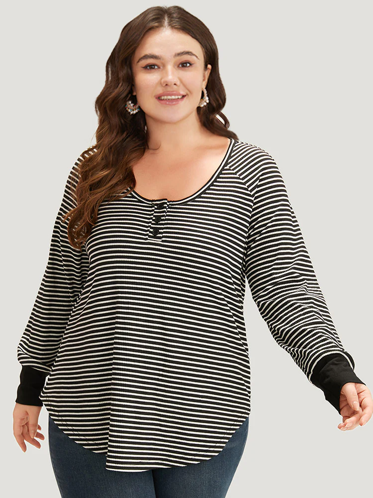 Striped Button Up Curved Hem Patchwork T-shirt - Image 2