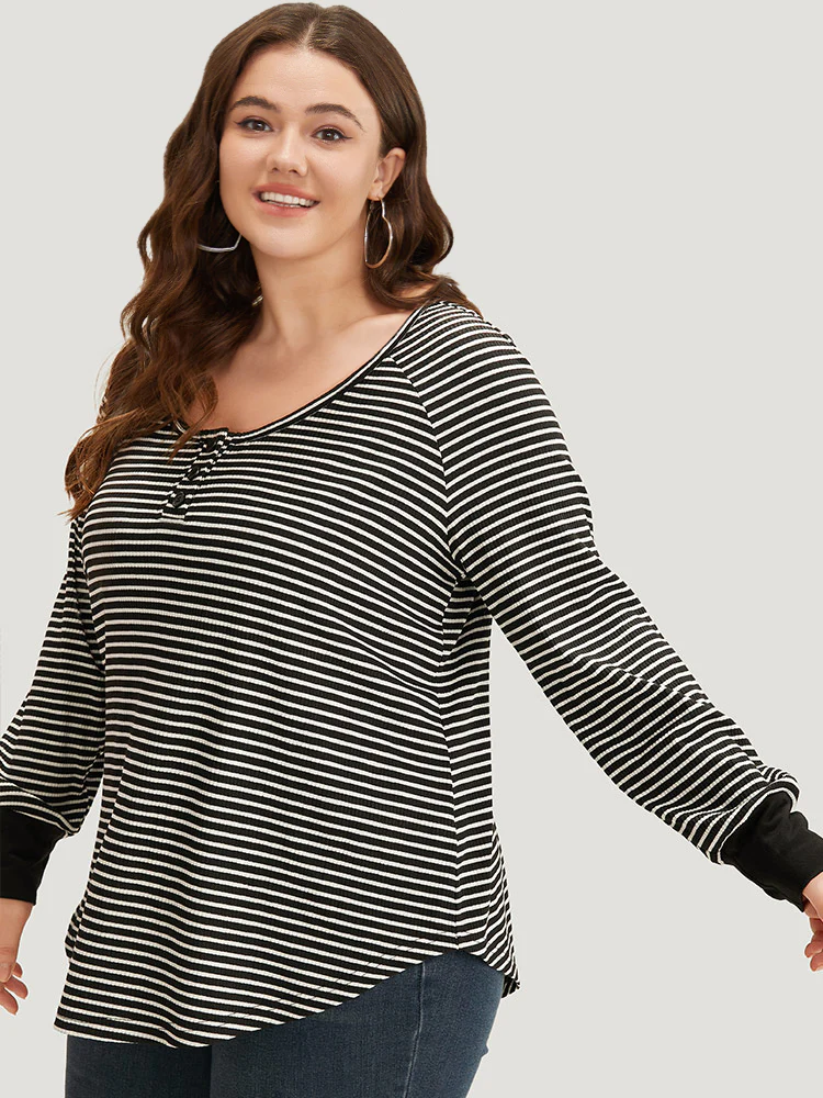 Striped Button Up Curved Hem Patchwork T-shirt - Image 3
