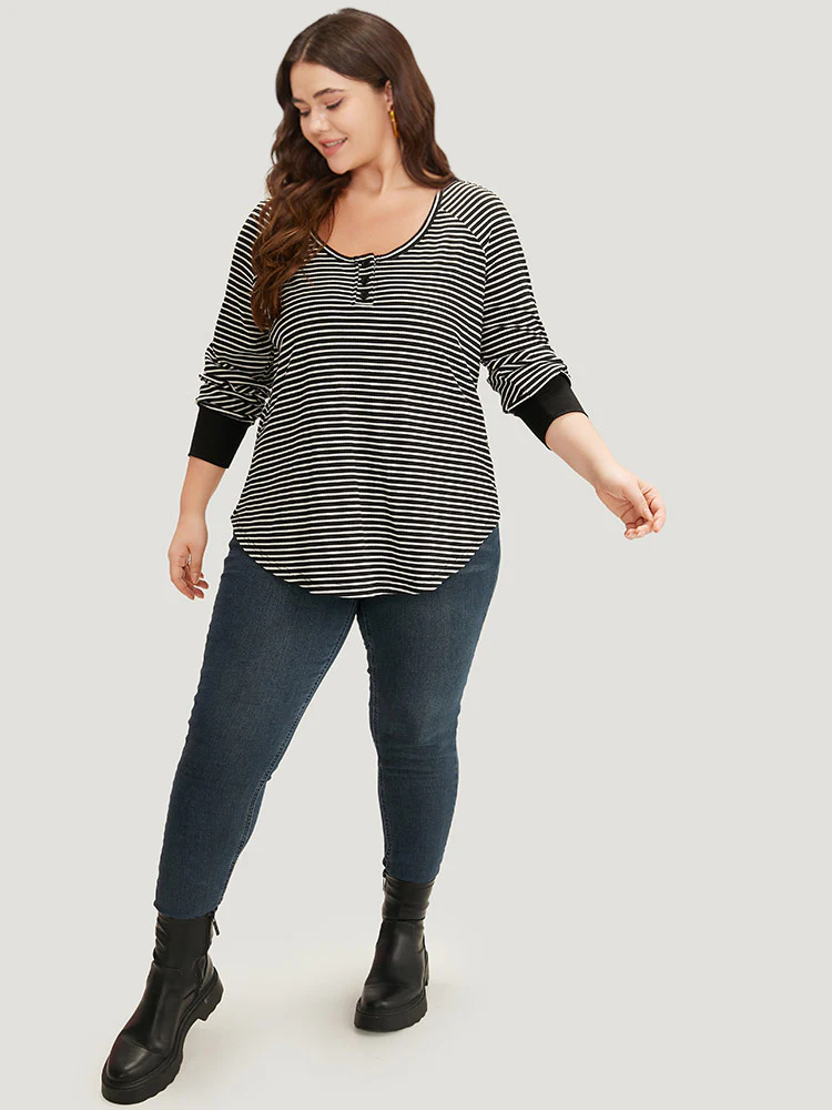 Striped Button Up Curved Hem Patchwork T-shirt - Image 4