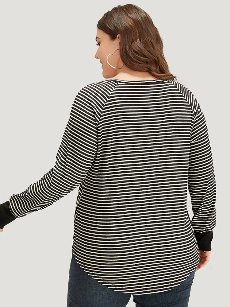 Striped Button Up Curved Hem Patchwork T-shirt - Image 5