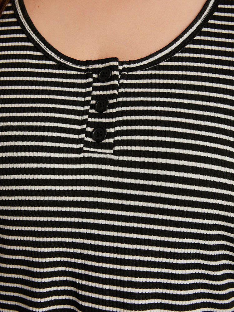 Striped Button Up Curved Hem Patchwork T-shirt - Image 6