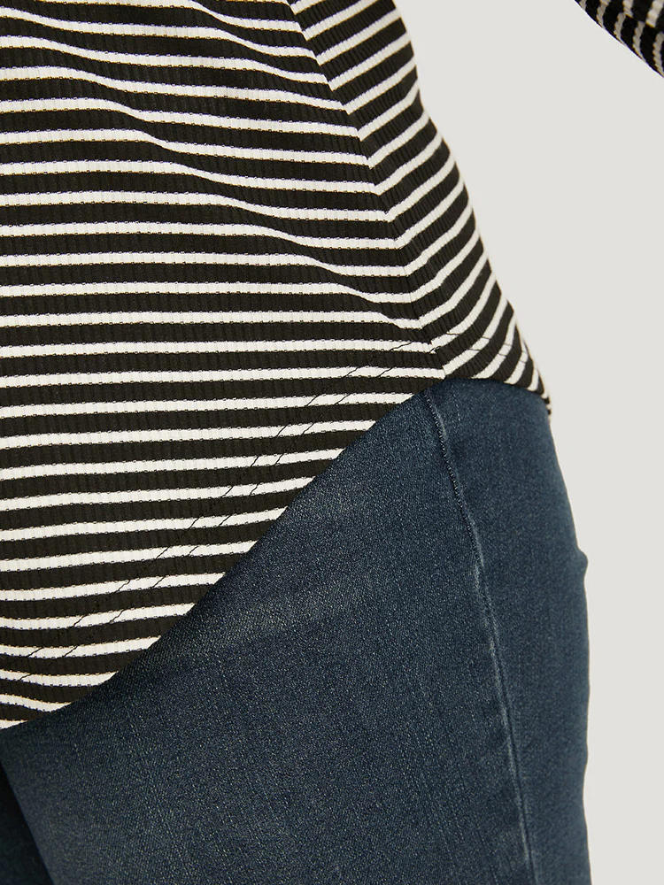 Striped Button Up Curved Hem Patchwork T-shirt - Image 8