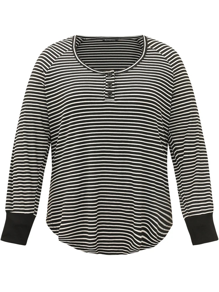 Striped Button Up Curved Hem Patchwork T-shirt - Image 9