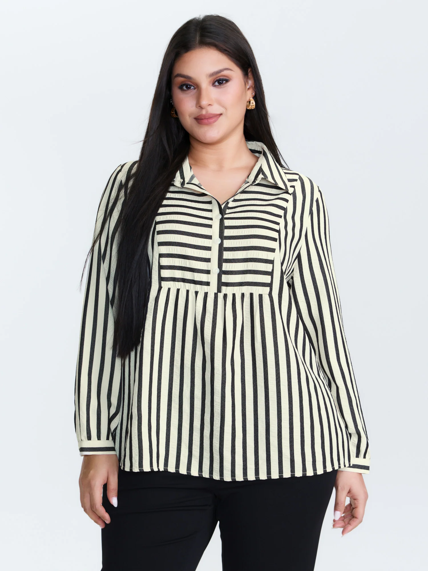 Striped Collar Textured Half-Placket Blouse
