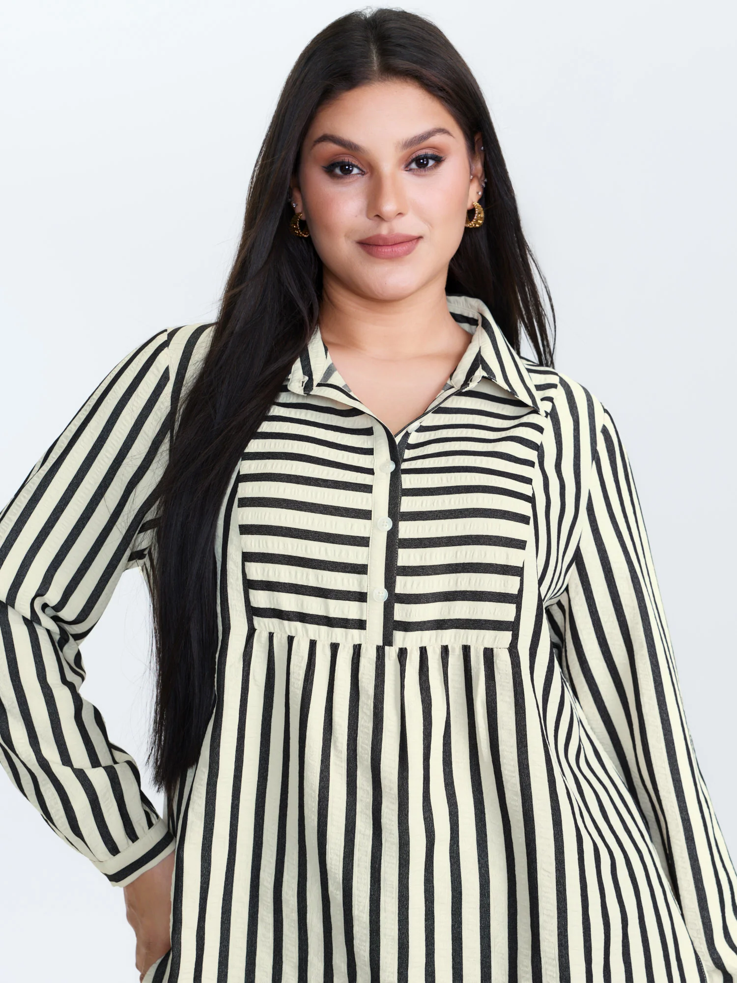 Striped Collar Textured Half-Placket Blouse - Image 2