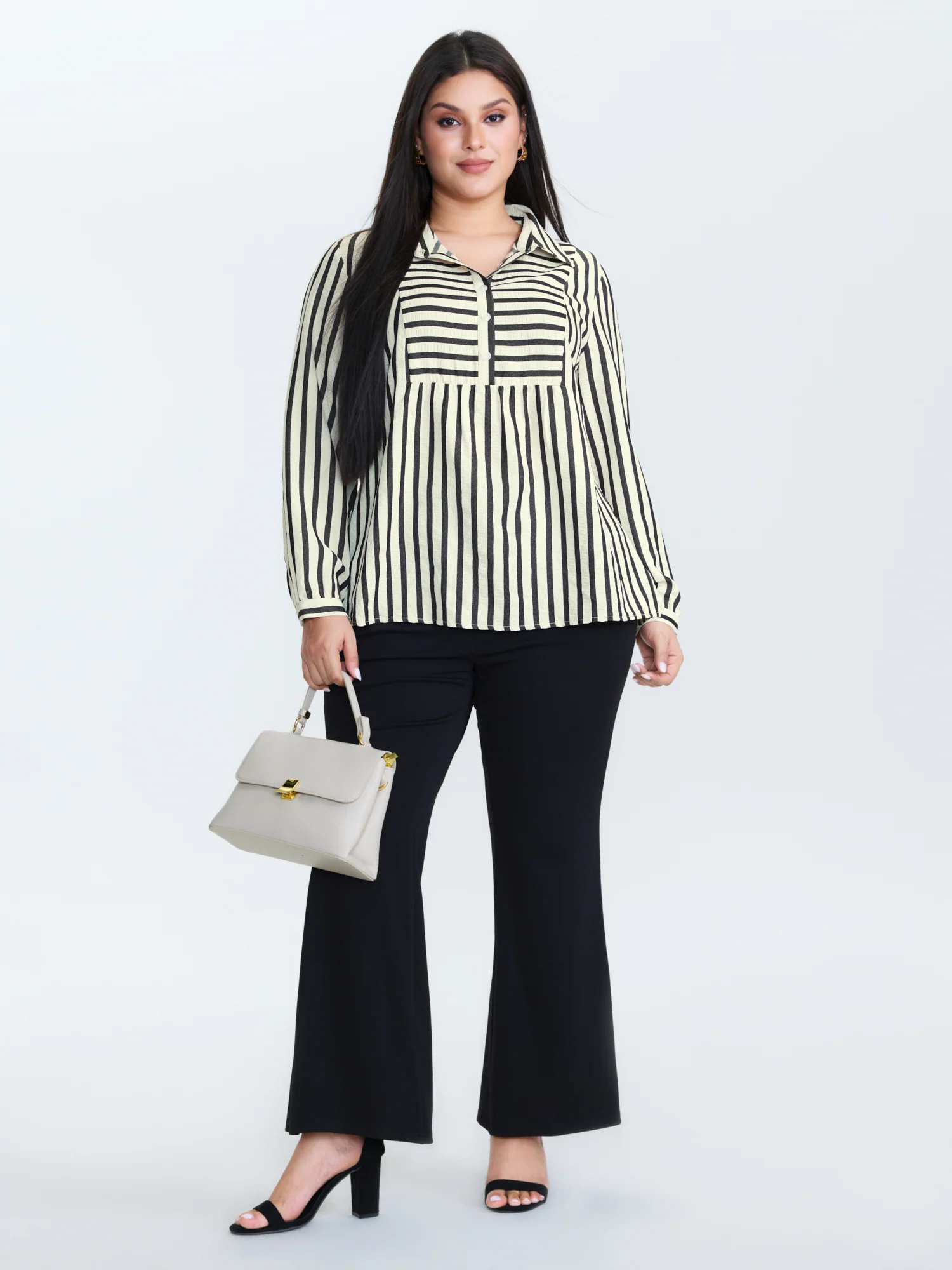 Striped Collar Textured Half-Placket Blouse - Image 3