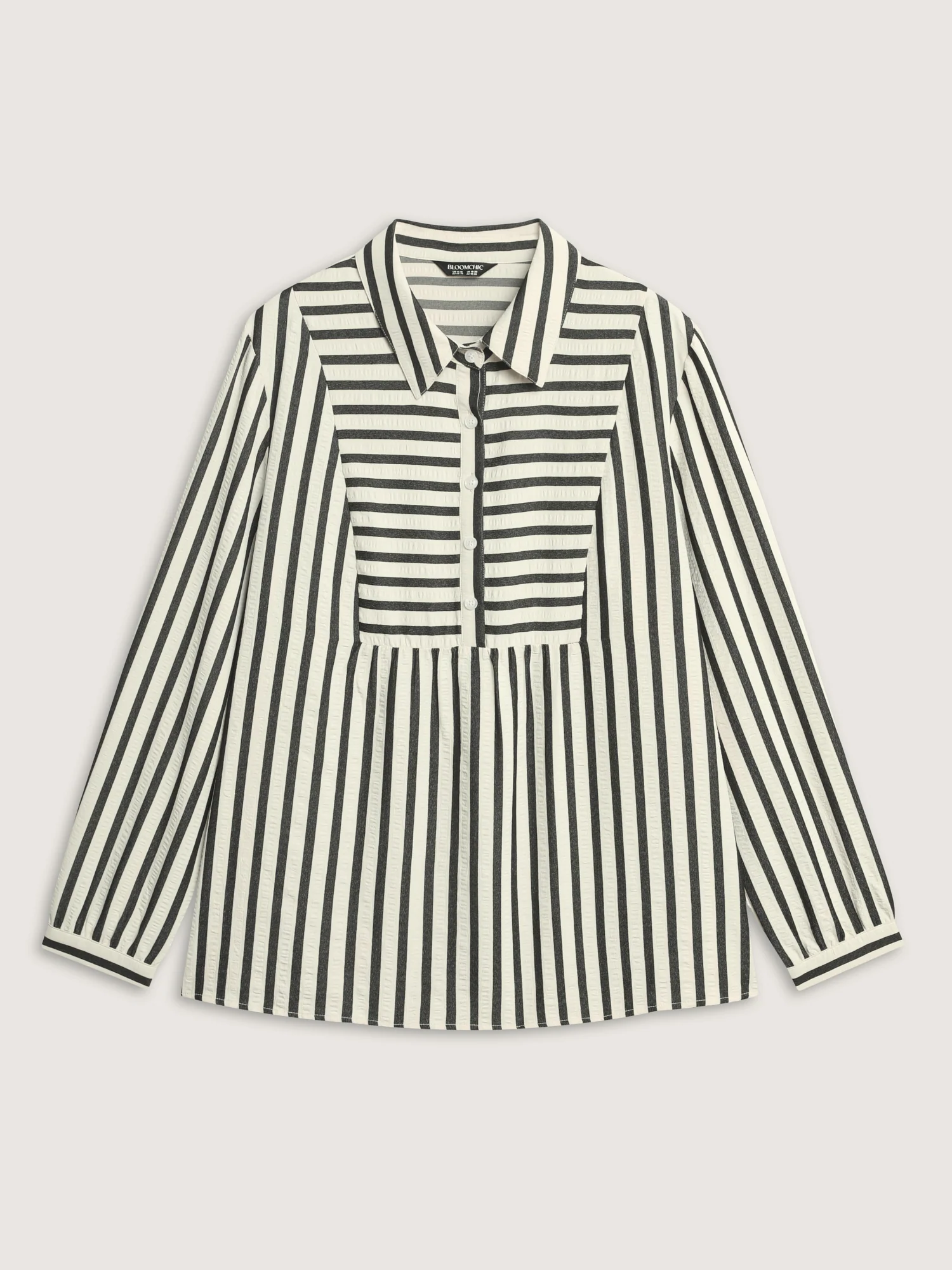 Striped Collar Textured Half-Placket Blouse - Image 7