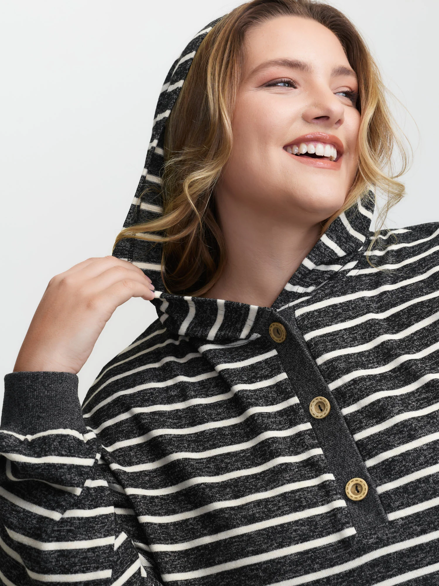 Striped Color Contrast Button Hoodie