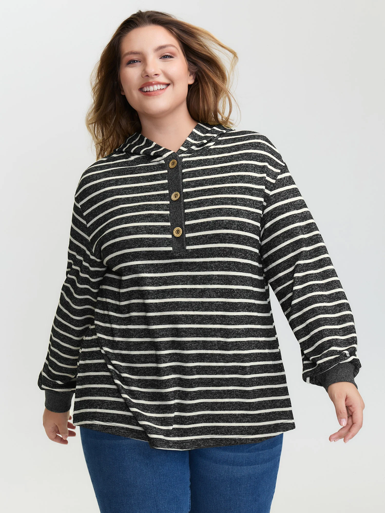 Striped Color Contrast Button Hoodie - Image 2