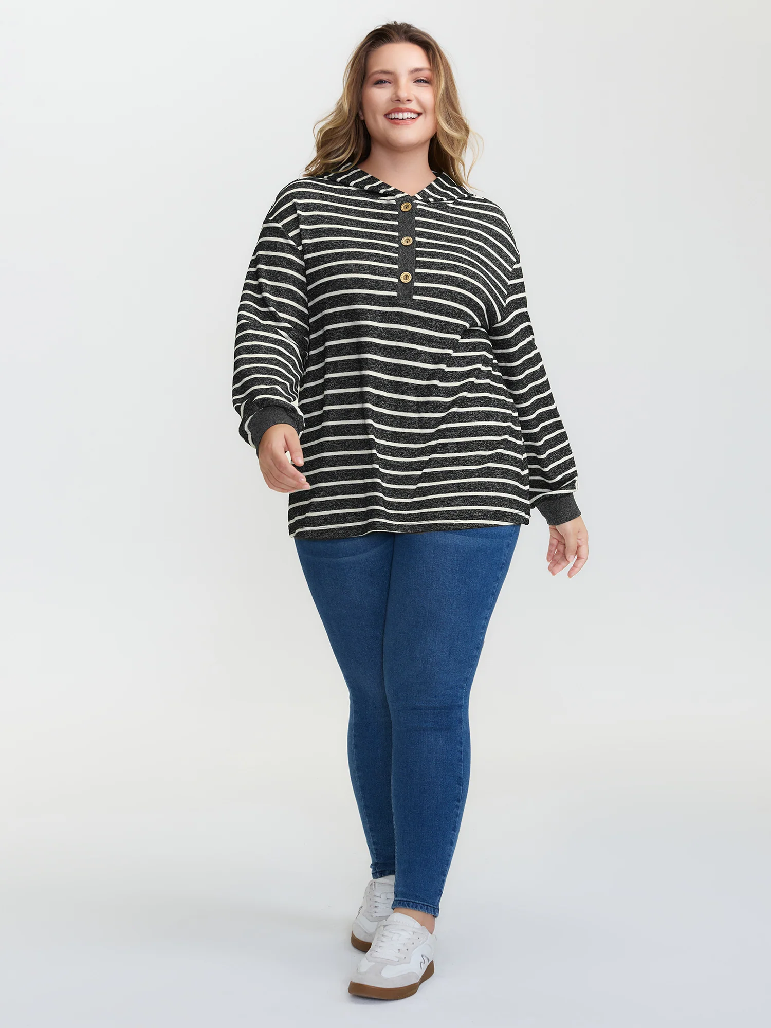 Striped Color Contrast Button Hoodie - Image 3