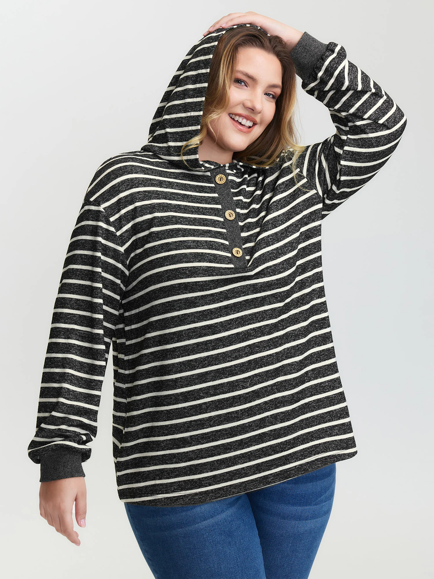 Striped Color Contrast Button Hoodie - Image 4