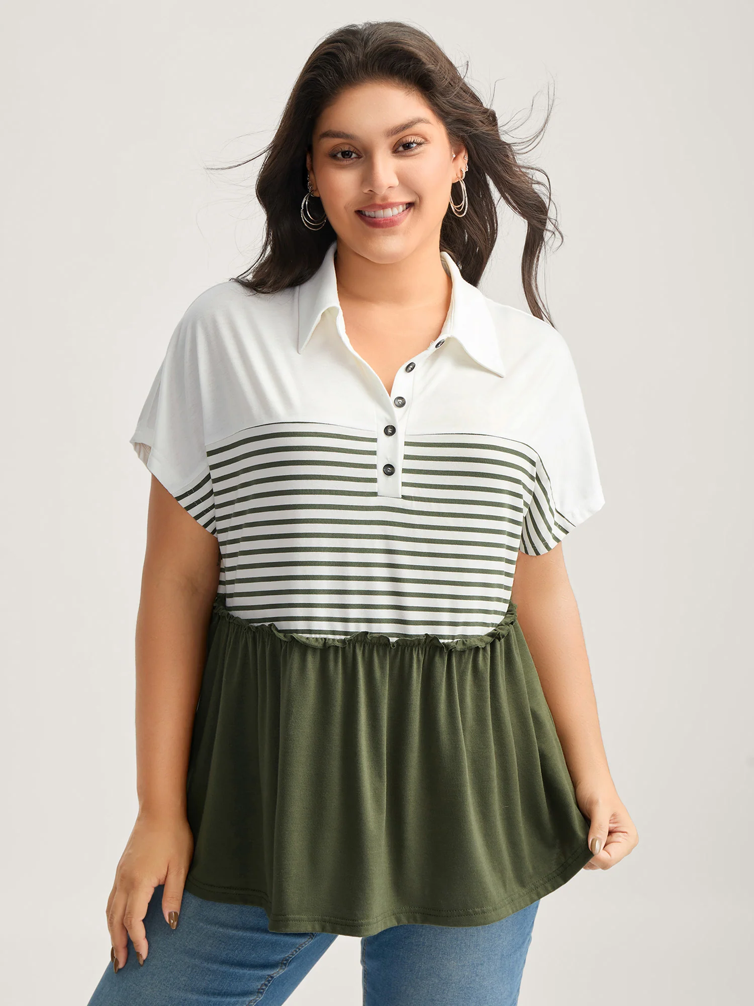 Striped Color Contrast Button Placket Top - Image 2