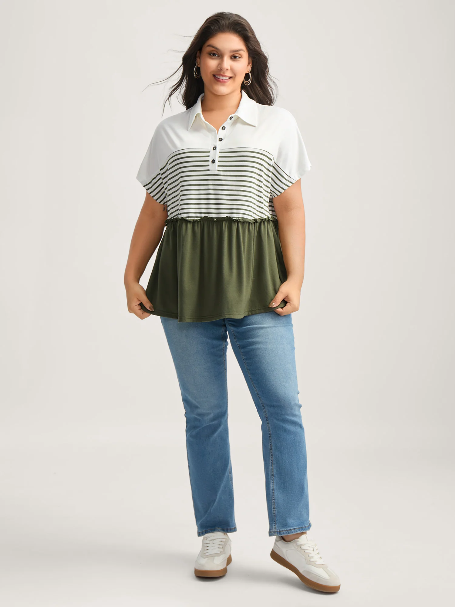 Striped Color Contrast Button Placket Top - Image 3