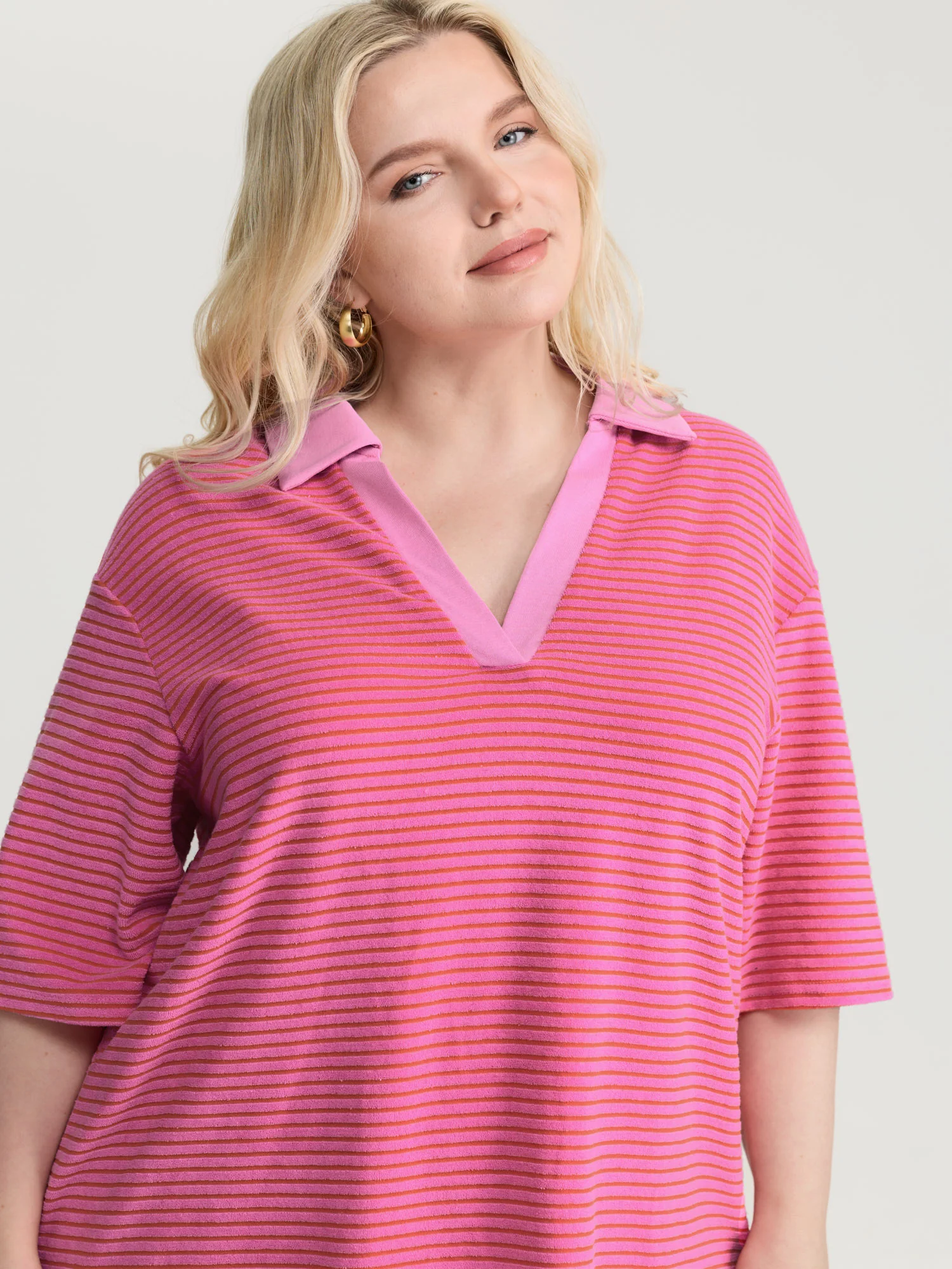 Striped Color Contrast Collar Terry Cloth Two-Piece Set - Image 2