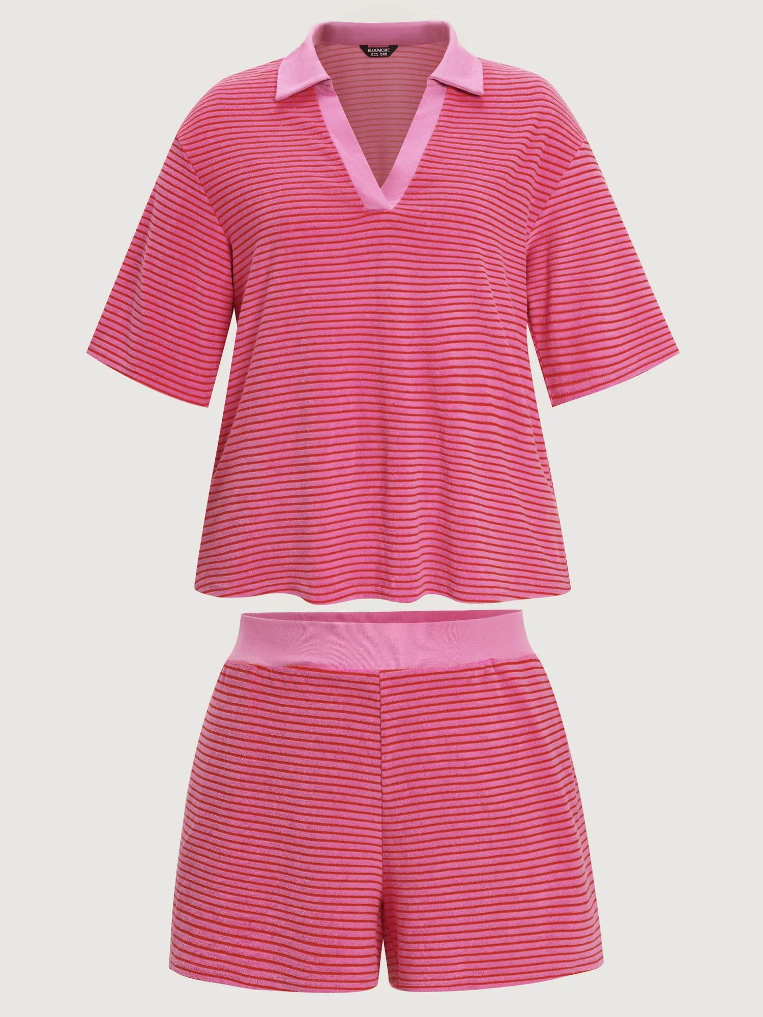 Striped Color Contrast Collar Terry Cloth Two-Piece Set - Image 8