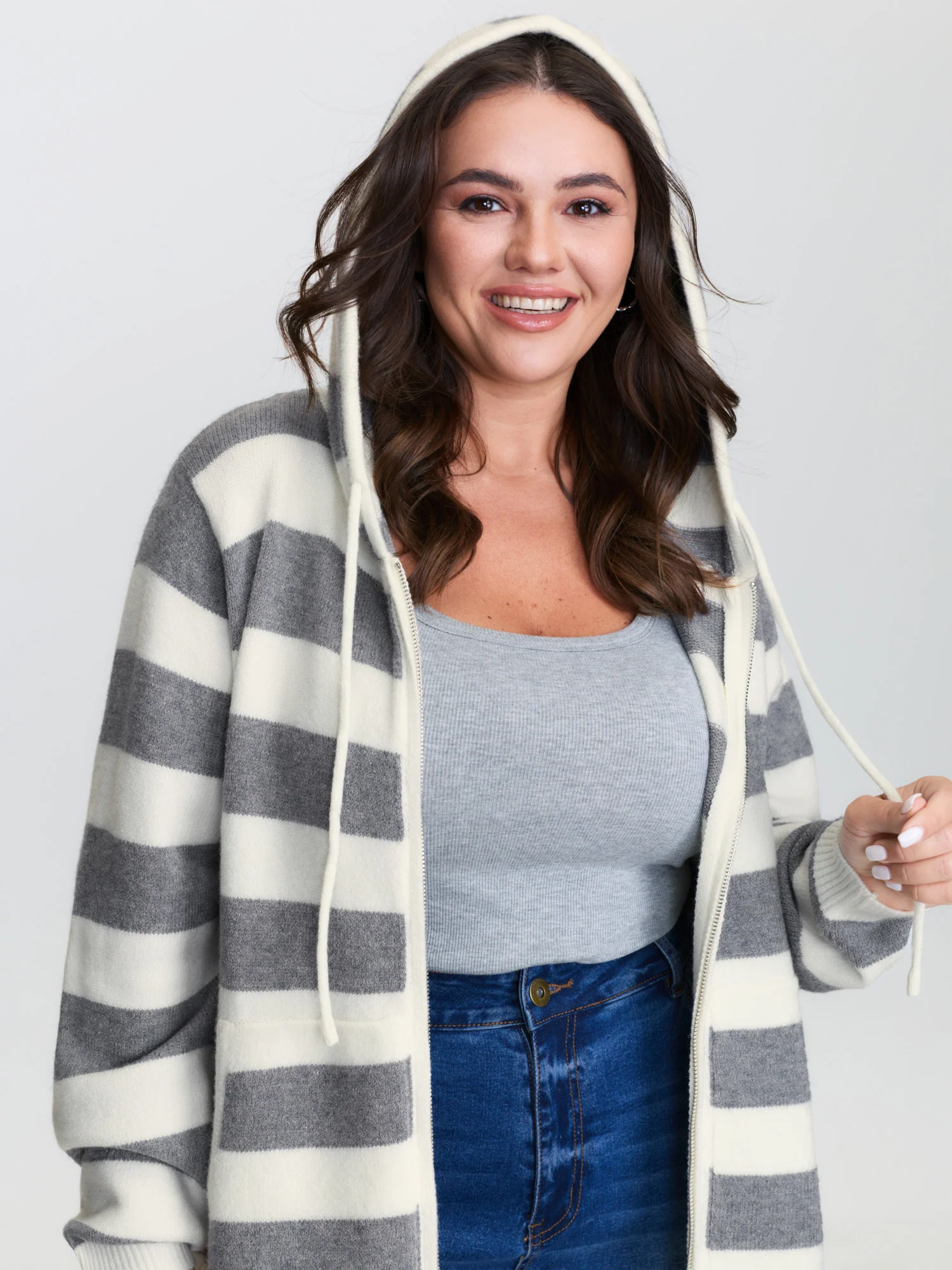 Striped Color Contrast Hooded Cardigan - Image 2