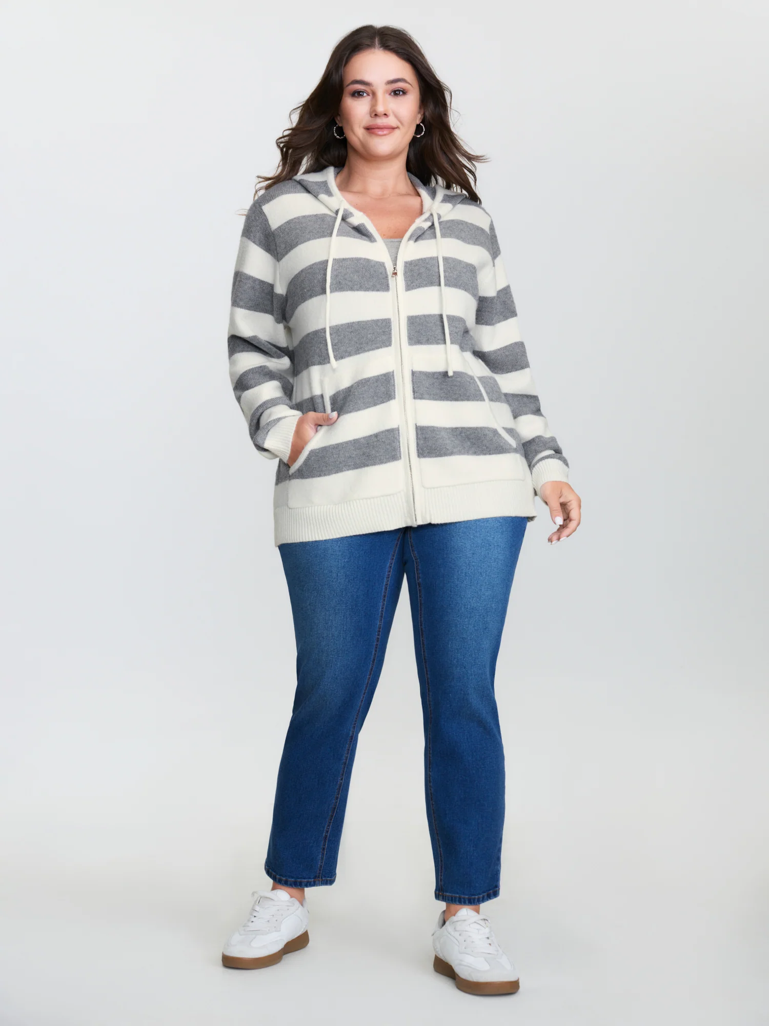Striped Color Contrast Hooded Cardigan - Image 3