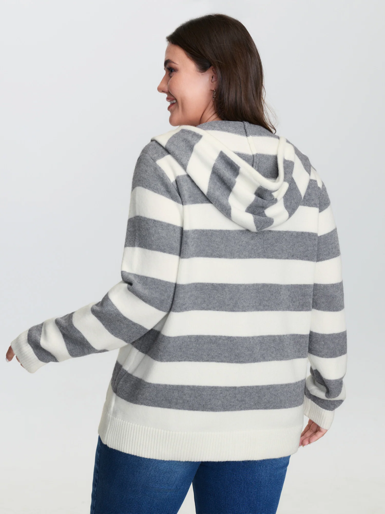 Striped Color Contrast Hooded Cardigan - Image 4