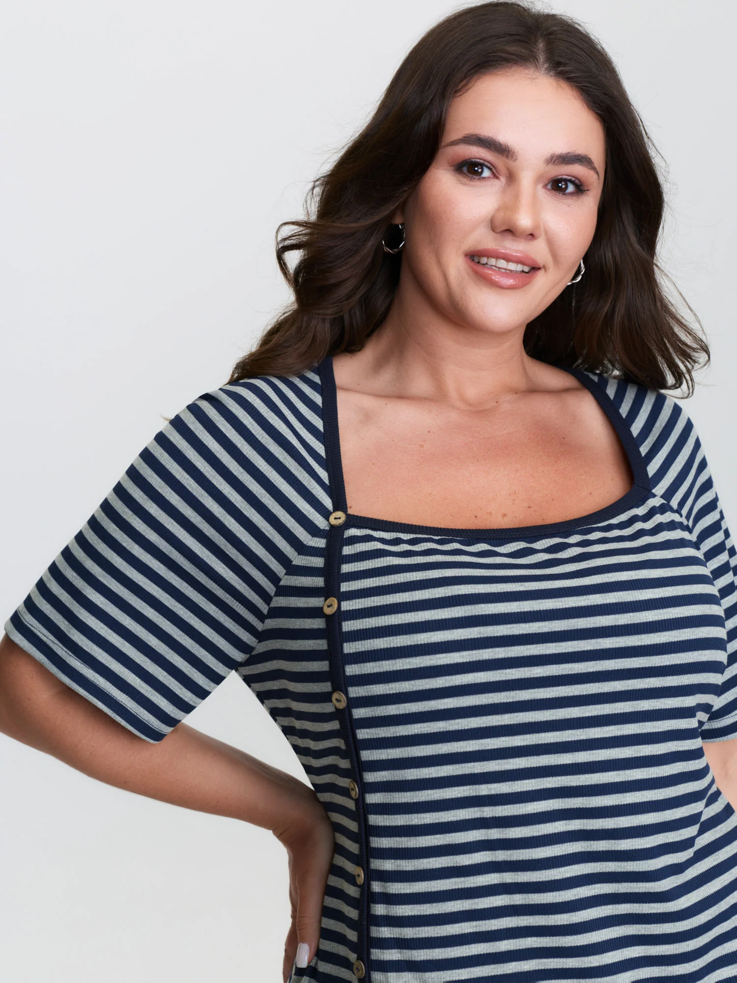 Cotton Striped Color Contrast Slit T-Shirt - Image 2