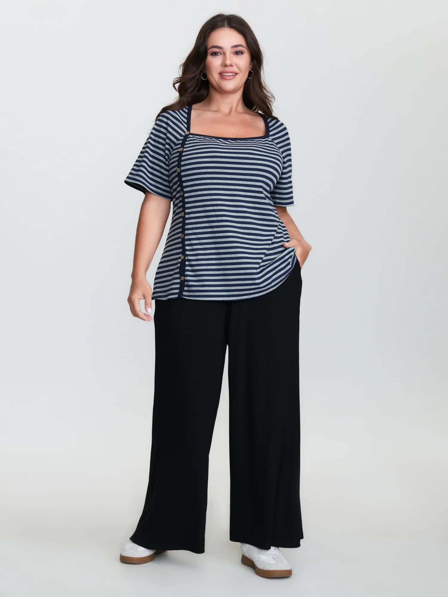 Cotton Striped Color Contrast Slit T-Shirt - Image 3