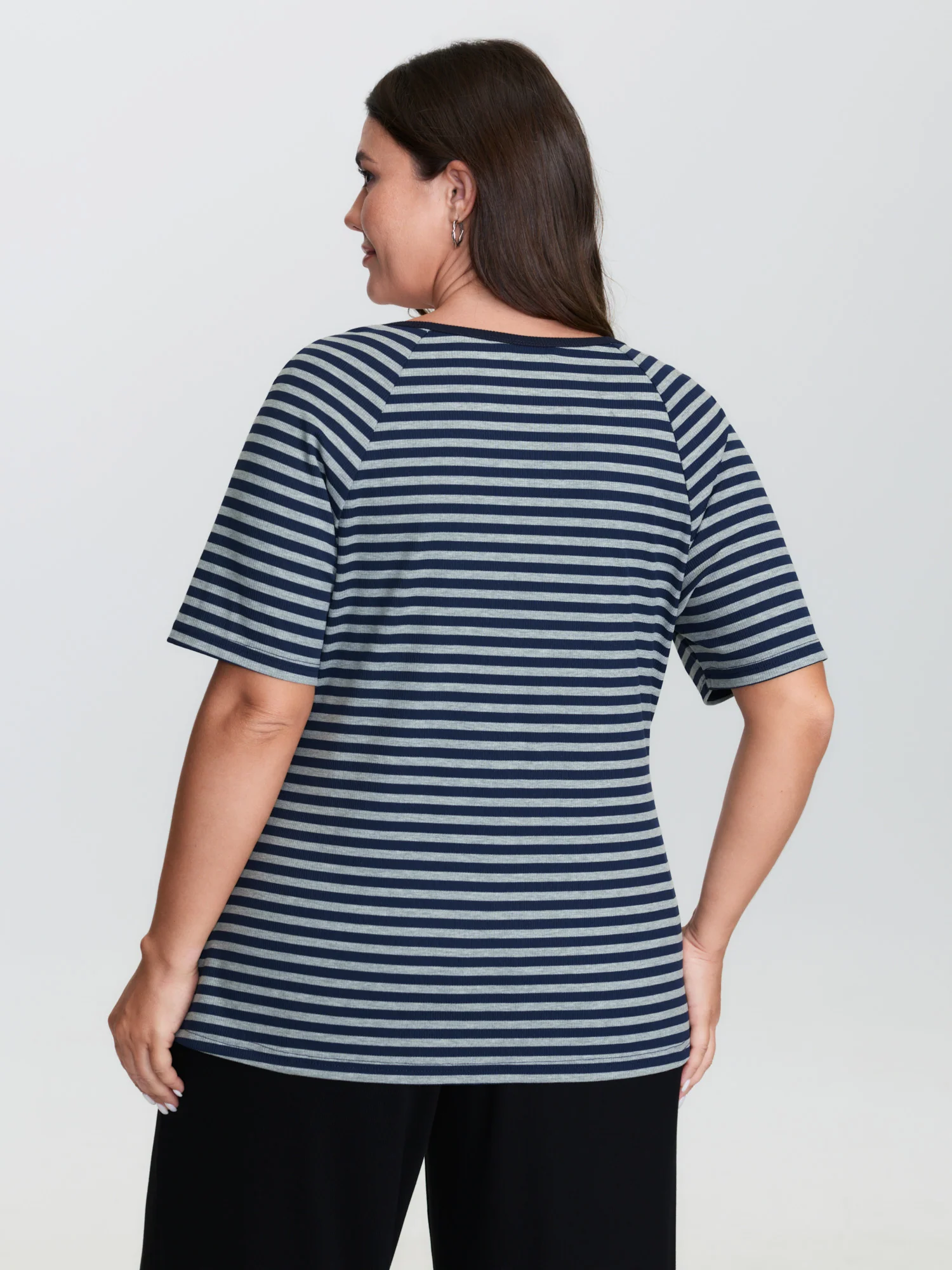 Cotton Striped Color Contrast Slit T-Shirt - Image 4