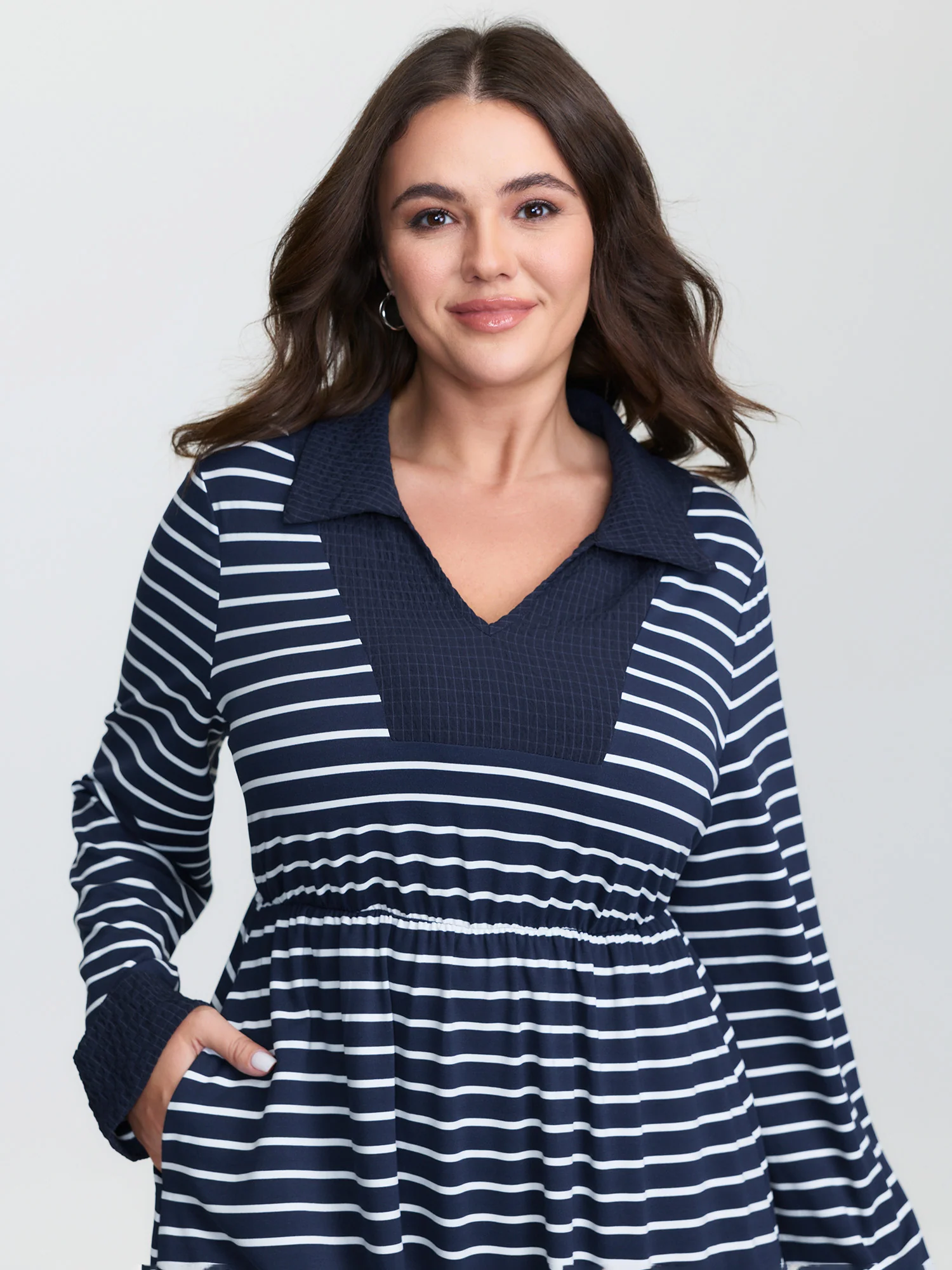 Striped Color Contrast Textured Midi Dress - Image 2