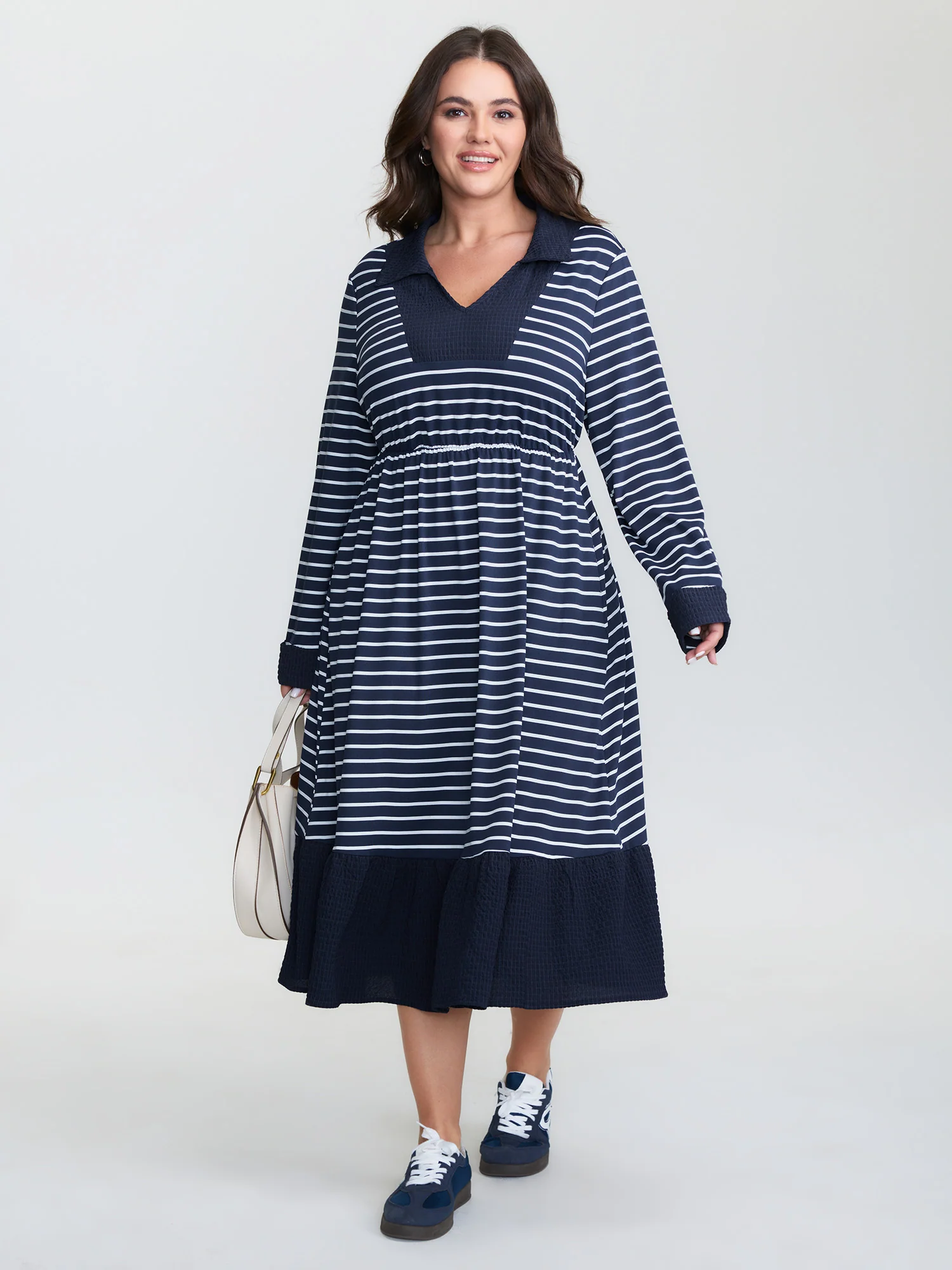 Striped Color Contrast Textured Midi Dress - Image 3