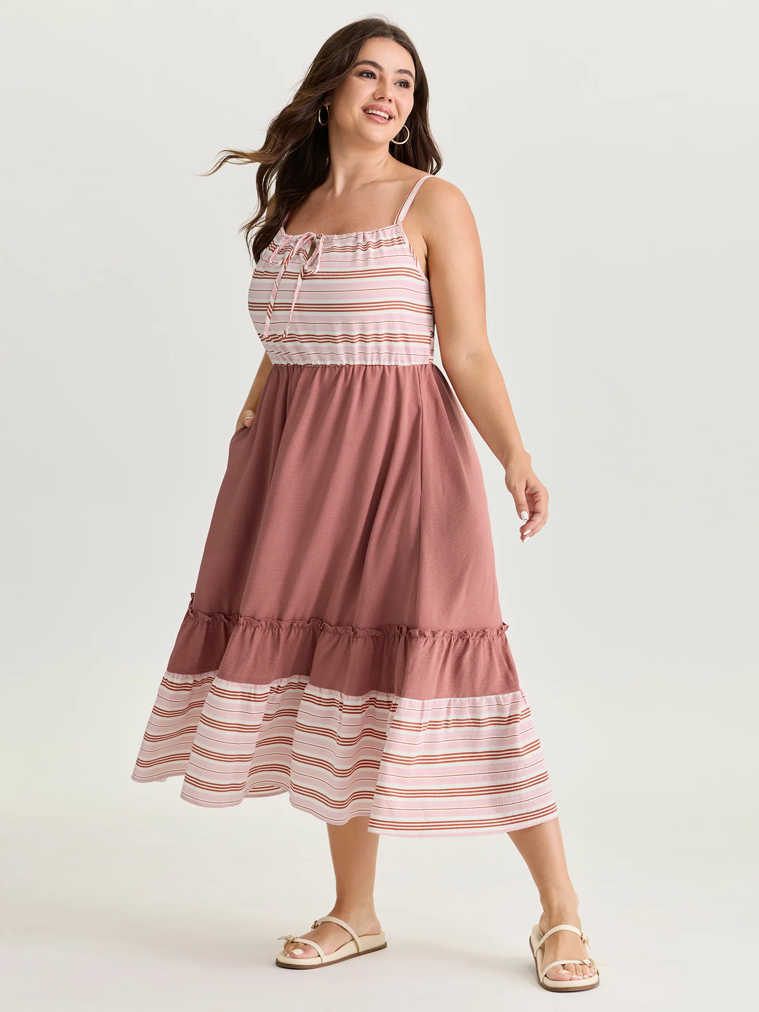 Striped Color Contrast Tiered Midi Dress - Image 3