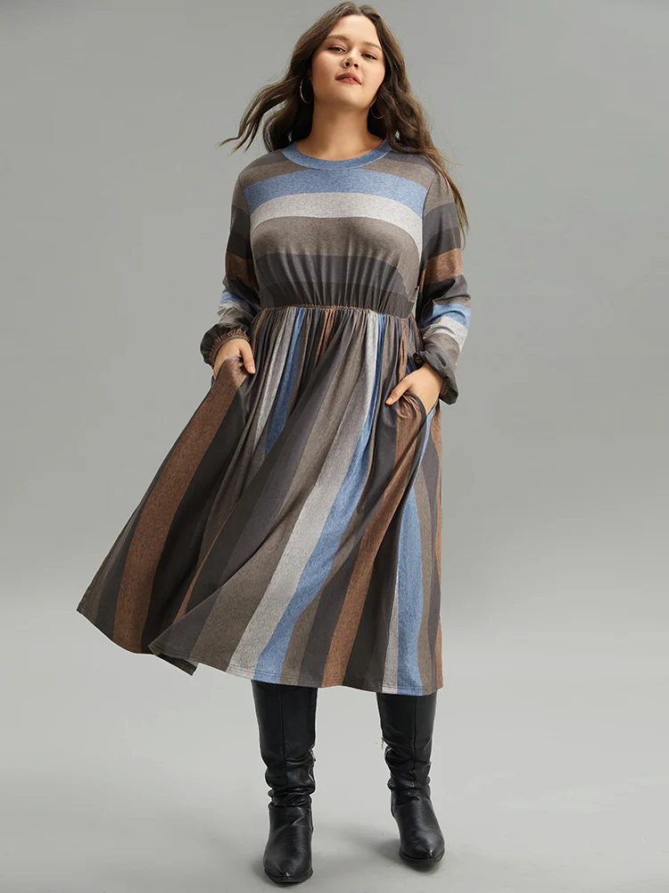 Striped Colorblock Contrast Lantern Sleeve Dress - Image 2