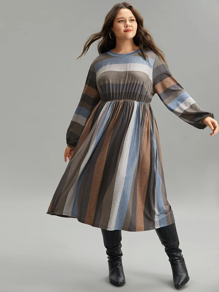 Striped Colorblock Contrast Lantern Sleeve Dress - Image 3