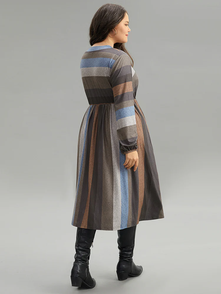 Striped Colorblock Contrast Lantern Sleeve Dress - Image 4