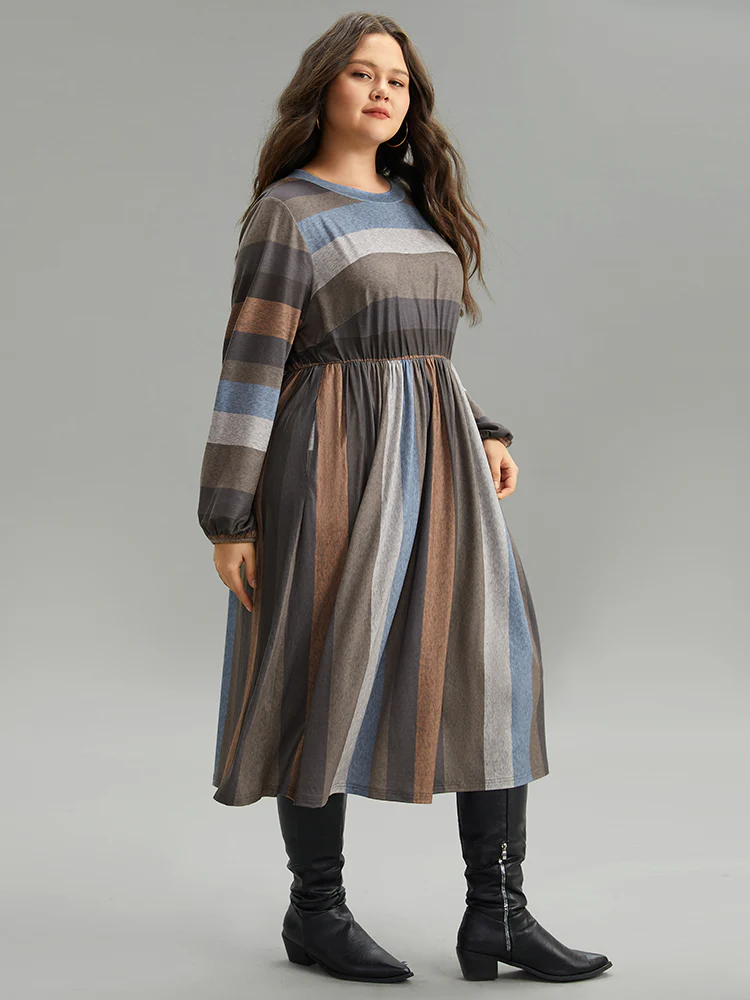 Striped Colorblock Contrast Lantern Sleeve Dress - Image 5