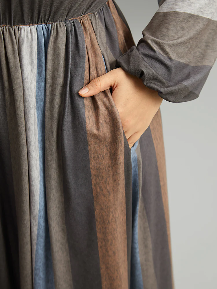 Striped Colorblock Contrast Lantern Sleeve Dress - Image 7