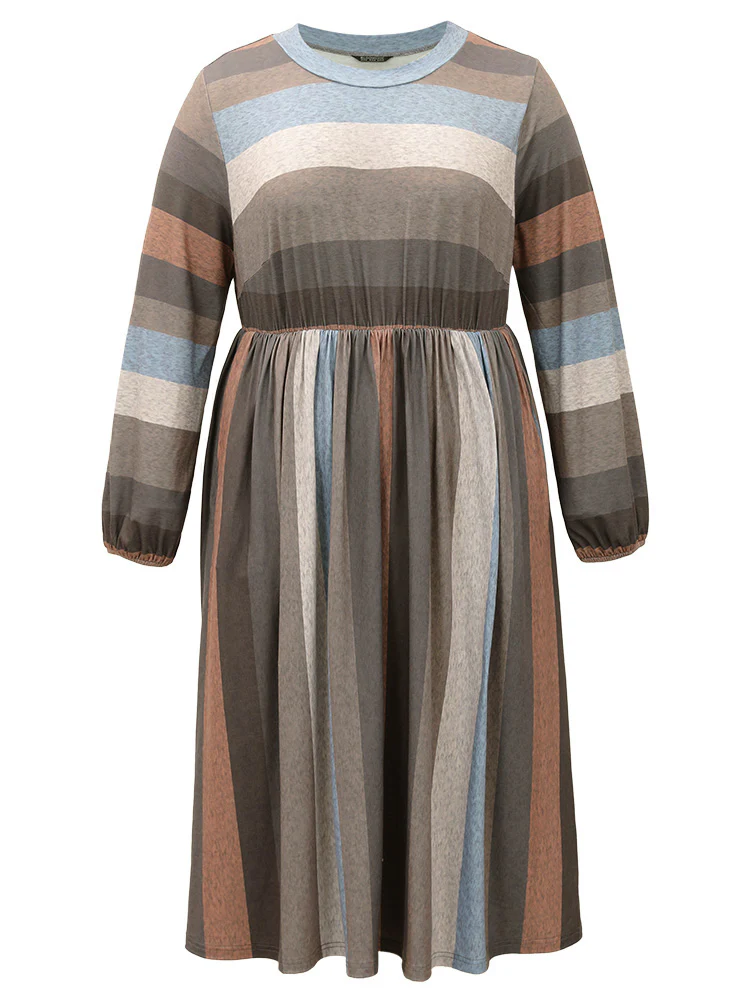 Striped Colorblock Contrast Lantern Sleeve Dress - Image 8