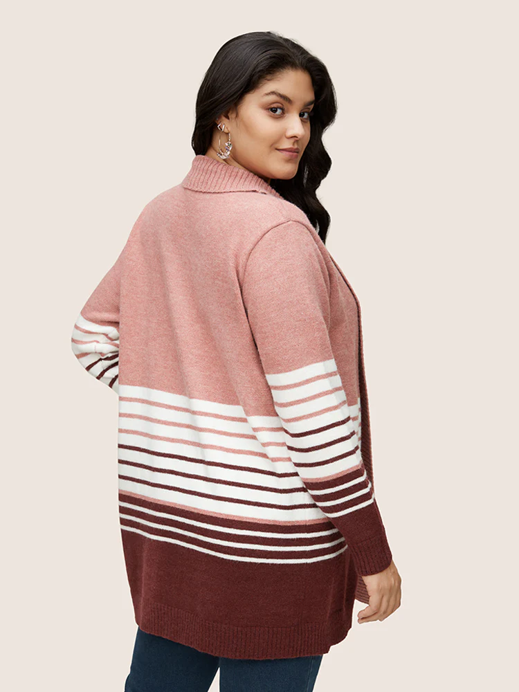 Striped Colorblock Contrast Lapel Collar Cardigan - Image 2