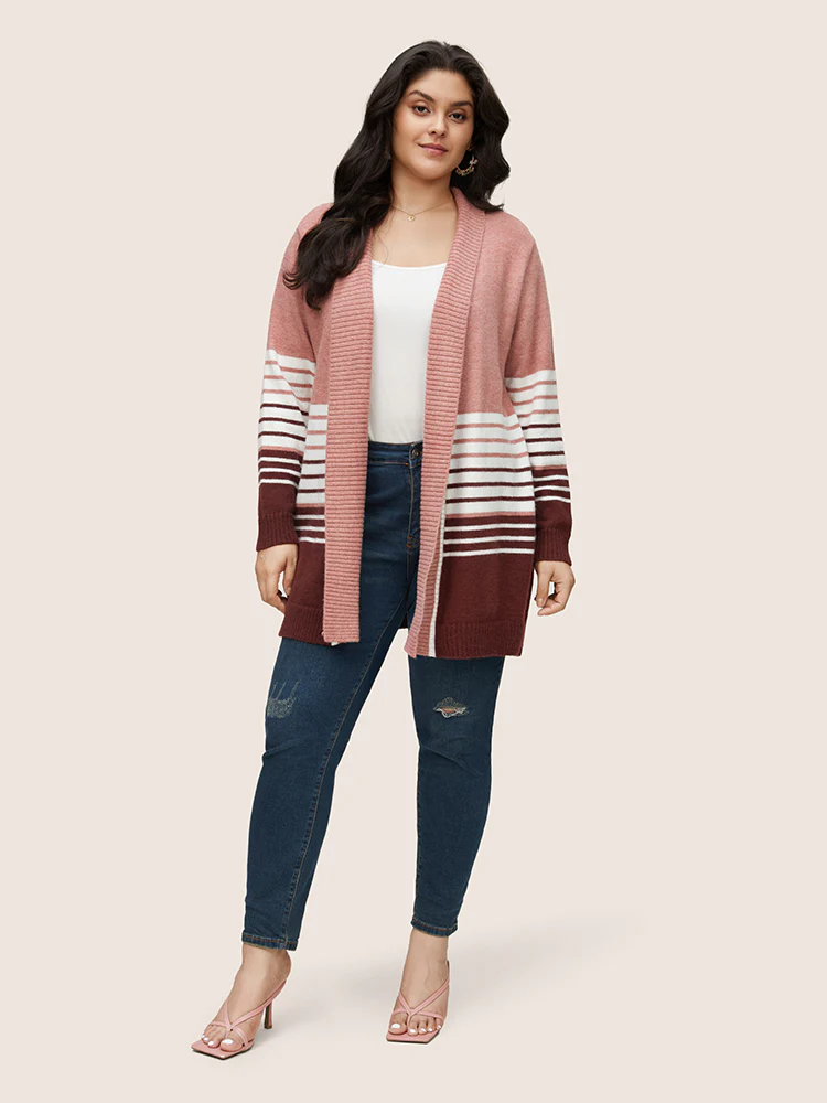 Striped Colorblock Contrast Lapel Collar Cardigan - Image 3