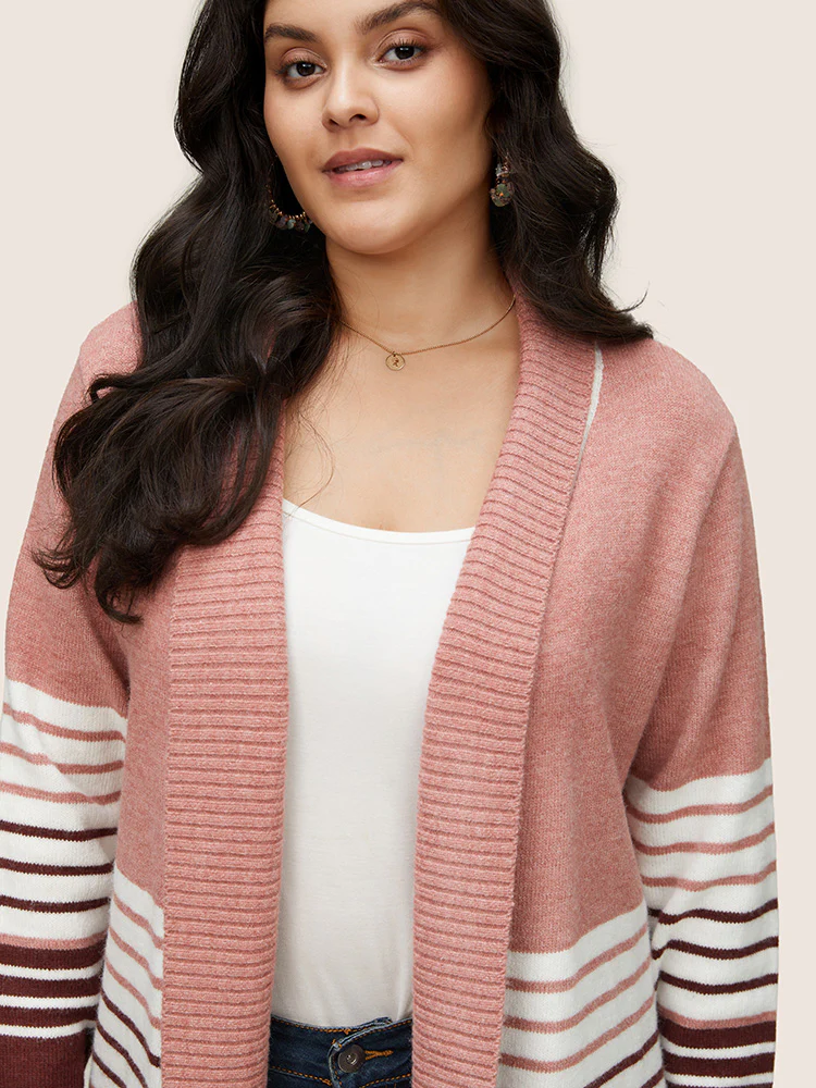 Striped Colorblock Contrast Lapel Collar Cardigan - Image 4