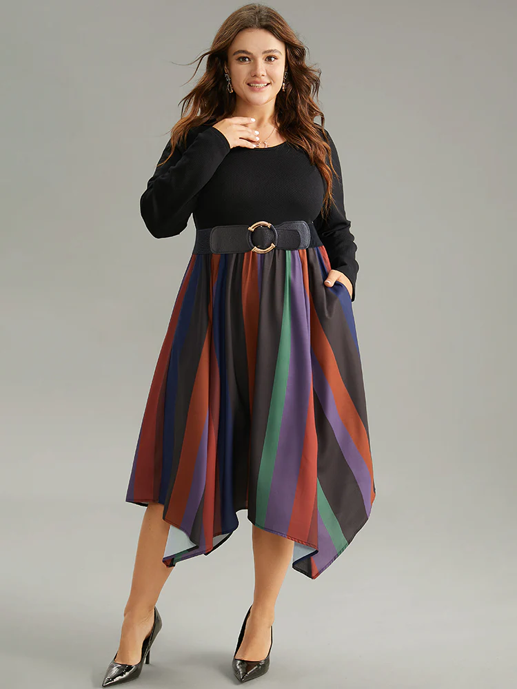 Striped Colorblock Contrast Pocket Elastic Waist Dress - Image 2