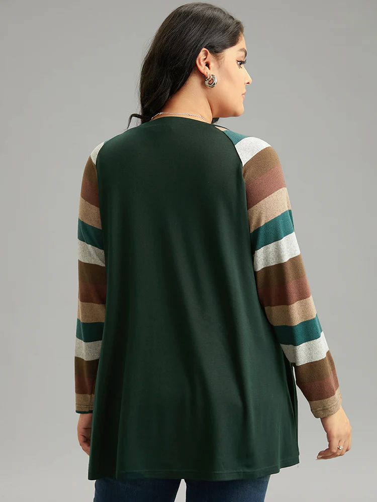 Striped Colorblock Contrast Pocket Raglan Sleeve T-shirt - Image 2