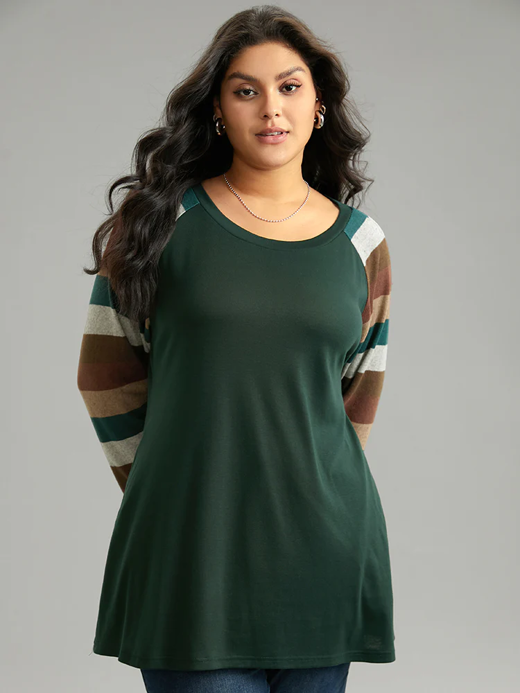 Striped Colorblock Contrast Pocket Raglan Sleeve T-shirt - Image 3