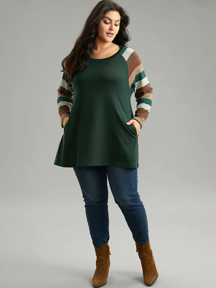 Striped Colorblock Contrast Pocket Raglan Sleeve T-shirt - Image 4