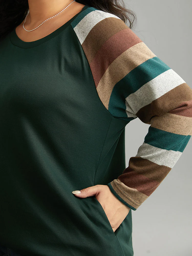 Striped Colorblock Contrast Pocket Raglan Sleeve T-shirt - Image 5