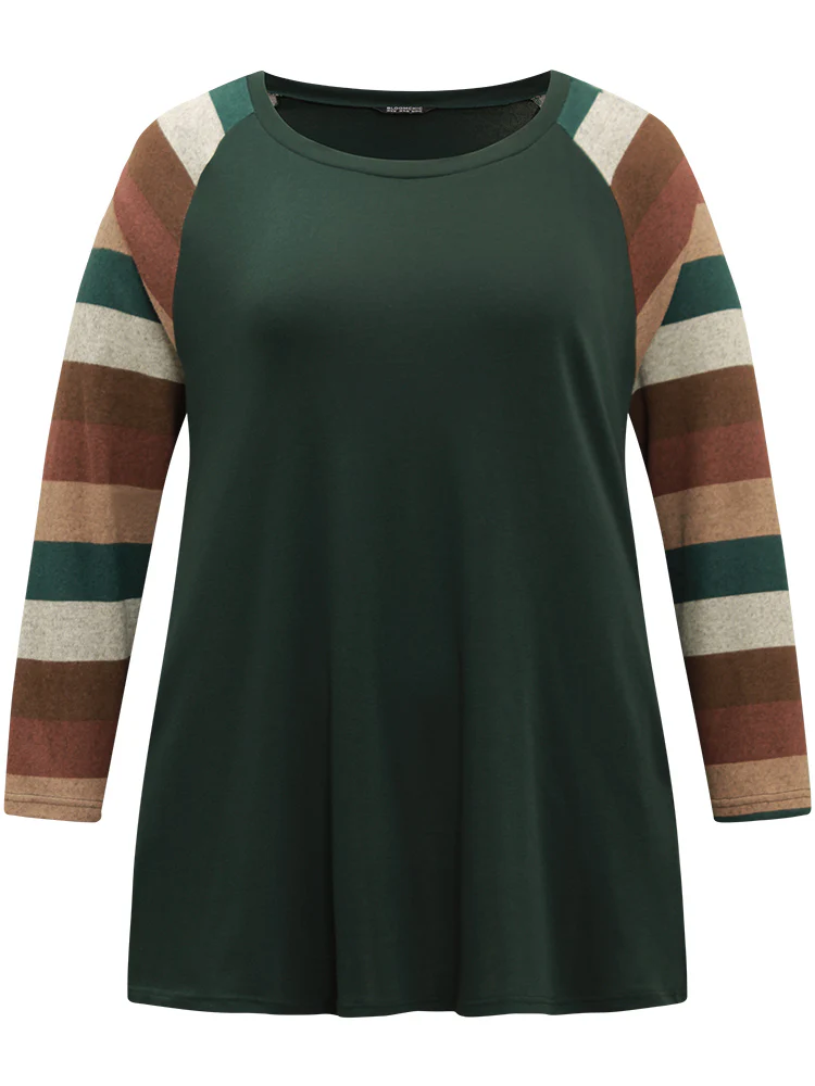 Striped Colorblock Contrast Pocket Raglan Sleeve T-shirt - Image 6