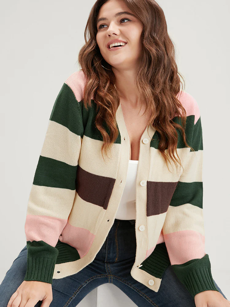 Striped Colorblock Contrast Pointelle Knit Button Front Cardigan