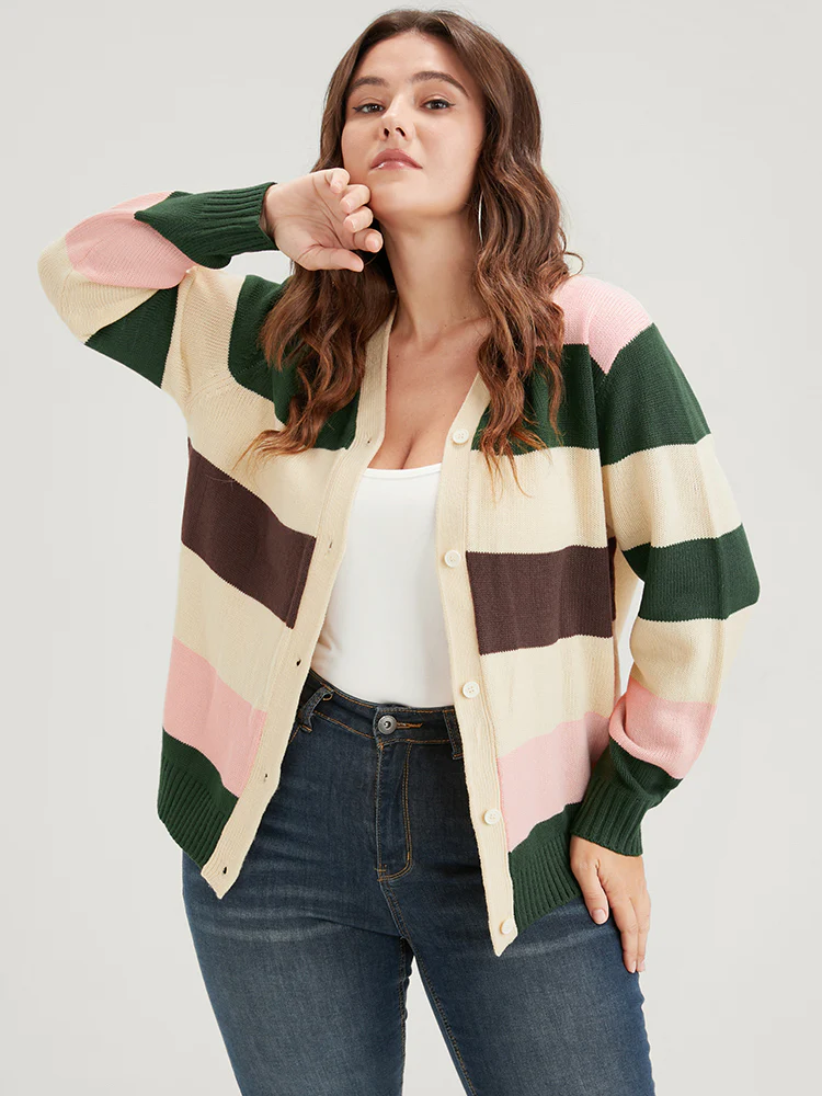 Striped Colorblock Contrast Pointelle Knit Button Front Cardigan - Image 2