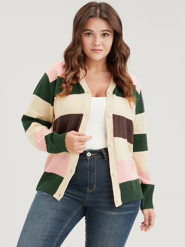 Striped Colorblock Contrast Pointelle Knit Button Front Cardigan - Image 3