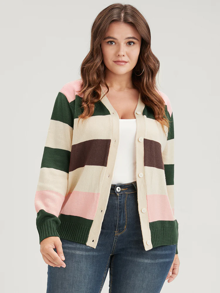 Striped Colorblock Contrast Pointelle Knit Button Front Cardigan - Image 4