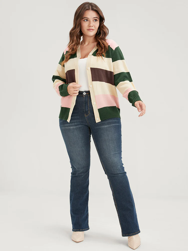 Striped Colorblock Contrast Pointelle Knit Button Front Cardigan - Image 5