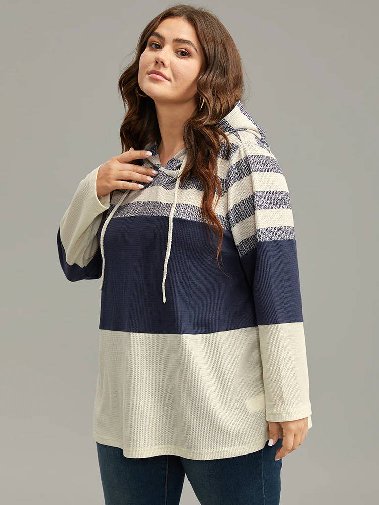 Waffle Knit Striped Colorblock Hooded Sweatshirt - Image 2