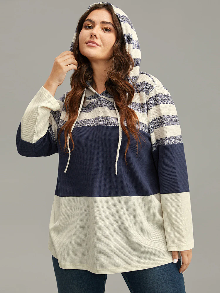 Waffle Knit Striped Colorblock Hooded Sweatshirt - Image 4
